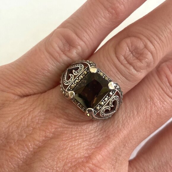 Sterling Silver 925A Rectangular Smoky Quartz & Marcasite Heart Ring Sz 5.75 - Picture 6 of 16